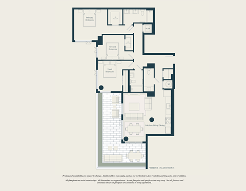Floor plan for 3 beds, 2.5 baths, 1335 sqft